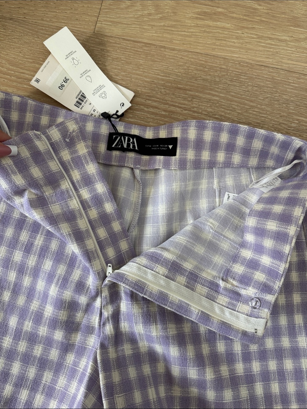ZARA Purple & White Gingham Check High Rise Shorts Stretch M - Picture 2 of 3